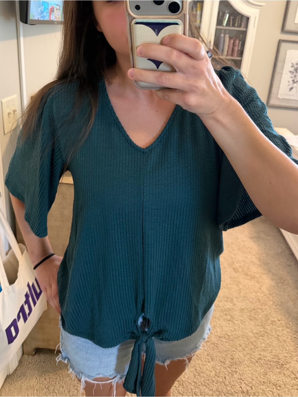 V-Neck Teal Tie-Front Blouse